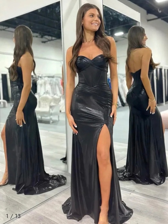 Sherri Hill Dresses & Skirts - Sherri Hill Metallic Black Strapless Gown/long train Sz 8